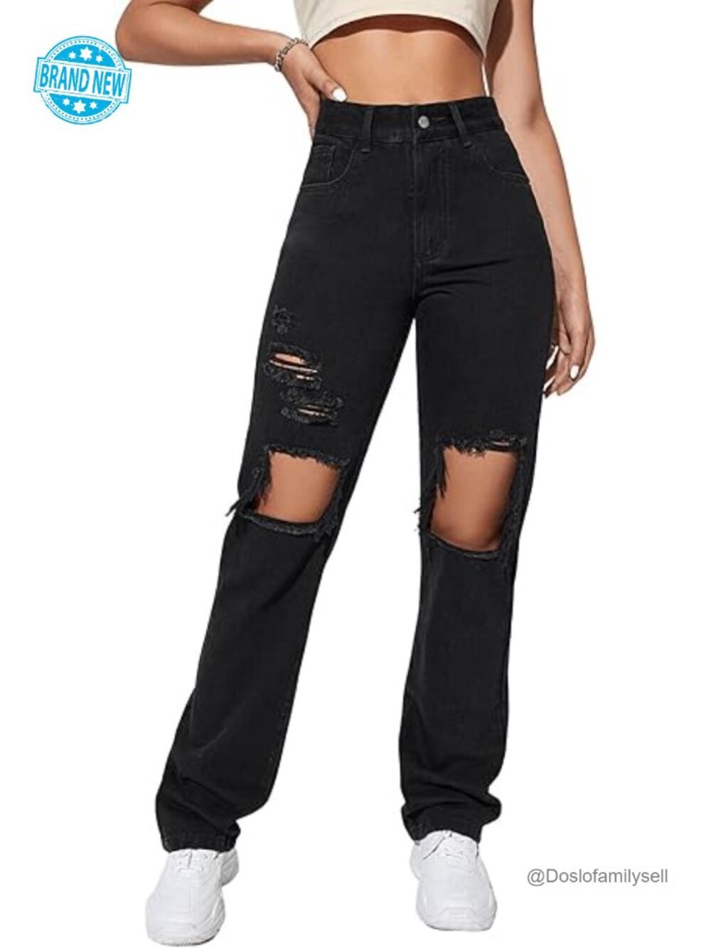 Wide Leg Distressed Ripped Denim Jeans High Rise Casual Loose Fit Pants
